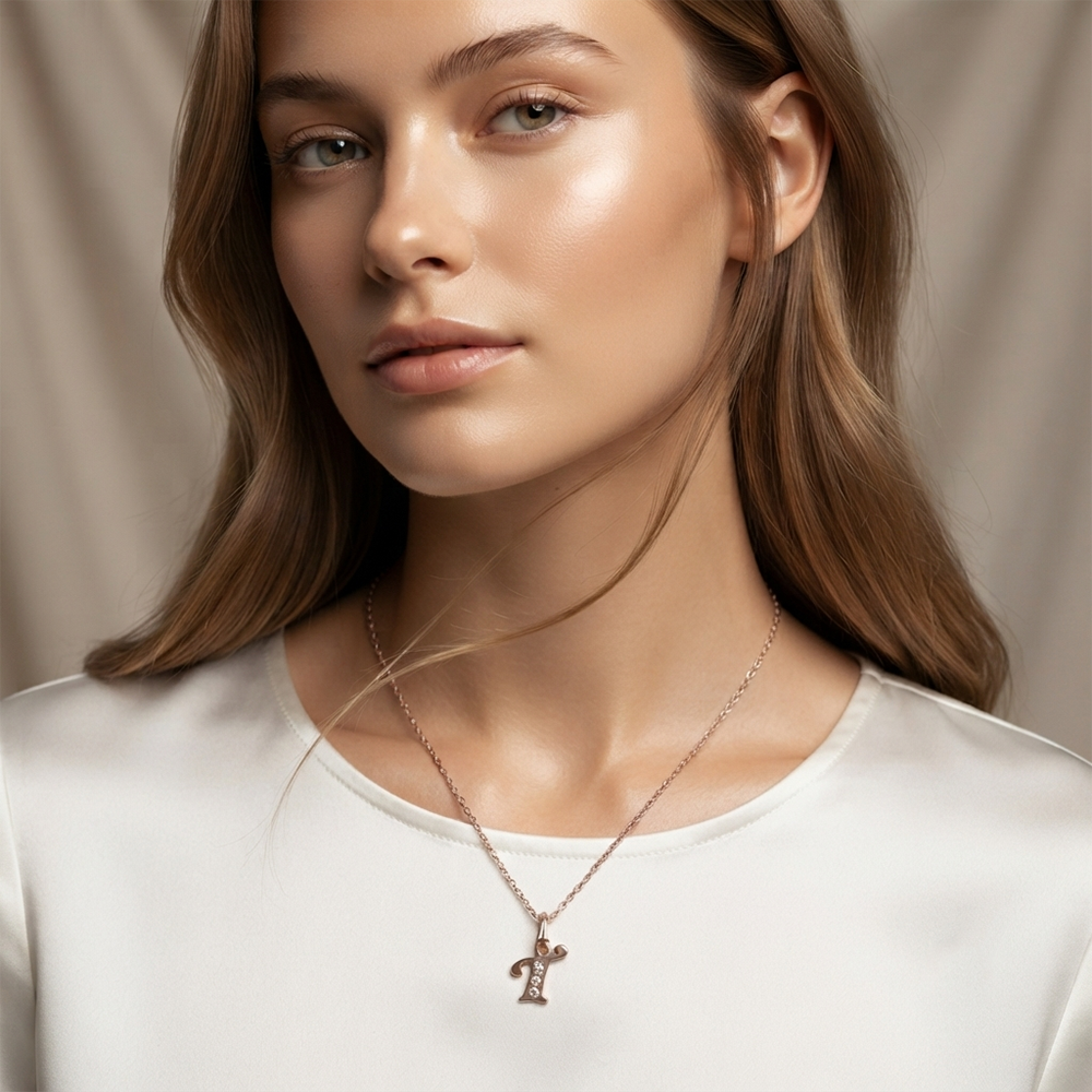 The99Jewel Rose Gold Plated Letter T Initial Chain Pendant with Austrian Stone 