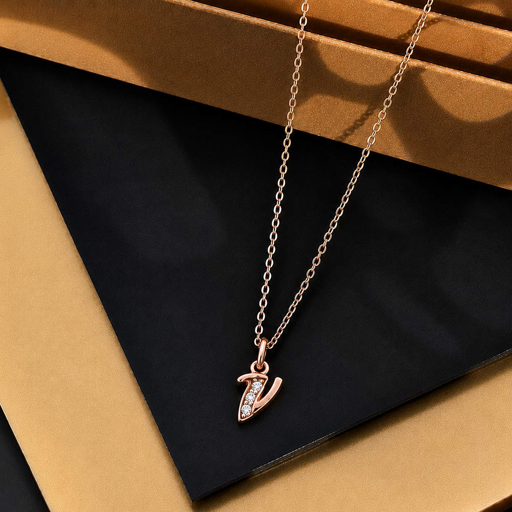 The99Jewel Rose Gold Plated Letter V Initial Chain Pendant with Austrian Stone 