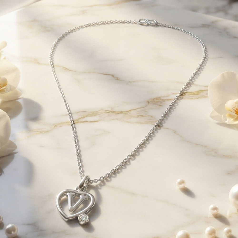 The99Jewel Letter V Initial Chain Pendant with Heart for Men & Women