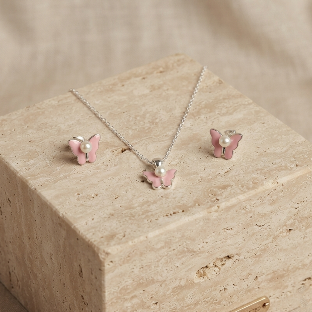 The99Jewel Cute Silver Plated Butterfly Chain Pendant and Earrings Set for Girls & Women
