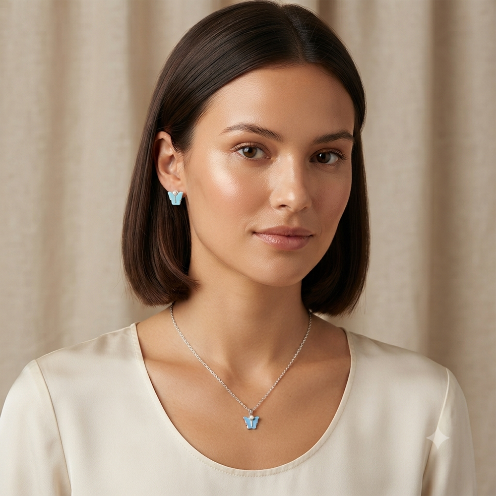 The99Jewel Cute Silver Plated Butterfly Chain Pendant and Earrings Set for Girls & Women