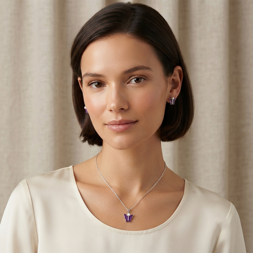 The99Jewel Cute Silver Plated Butterfly Chain Pendant and Earrings Set for Girls & Women