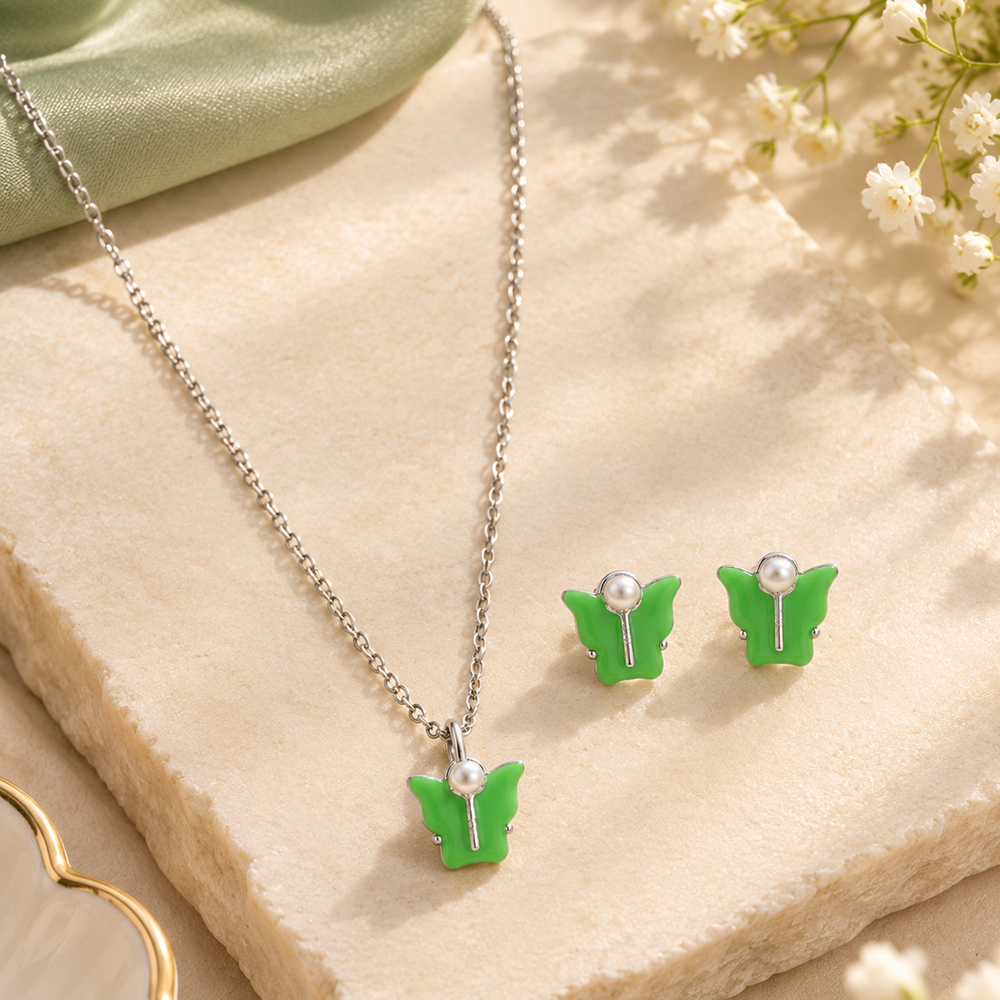 The99Jewel Cute Silver Plated Butterfly Chain Pendant and Earrings Set for Girls & Women