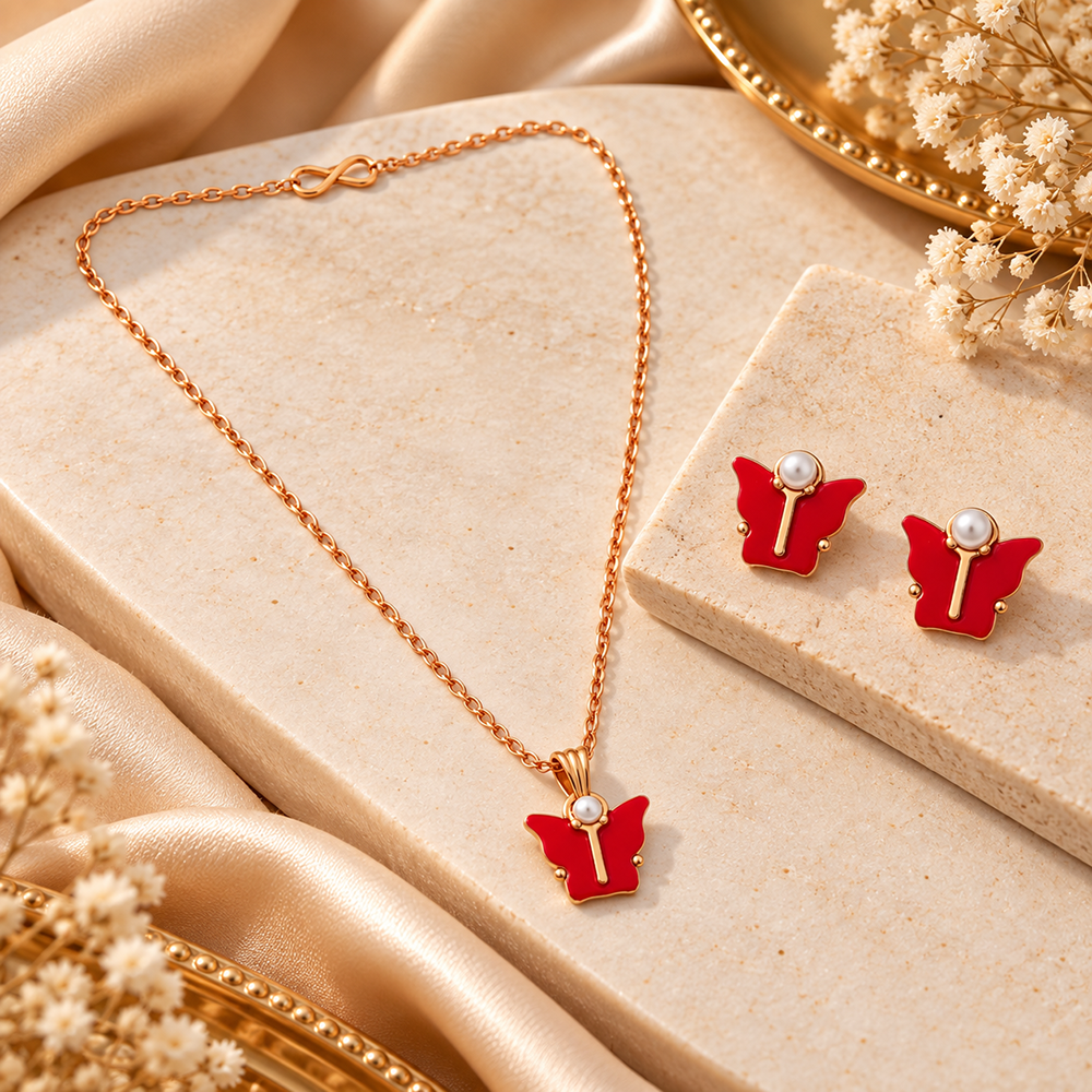 The99Jewel Cute Rose Gold Plated Butterfly Chain Pendant and Earrings Set for Girls & Women