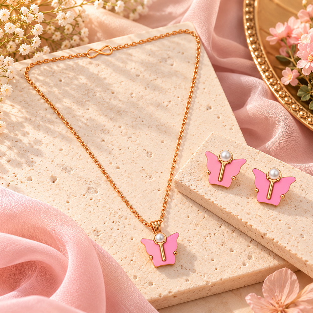 The99Jewel Cute Rose Gold Plated Butterfly Chain Pendant and Earrings Set for Girls & Women