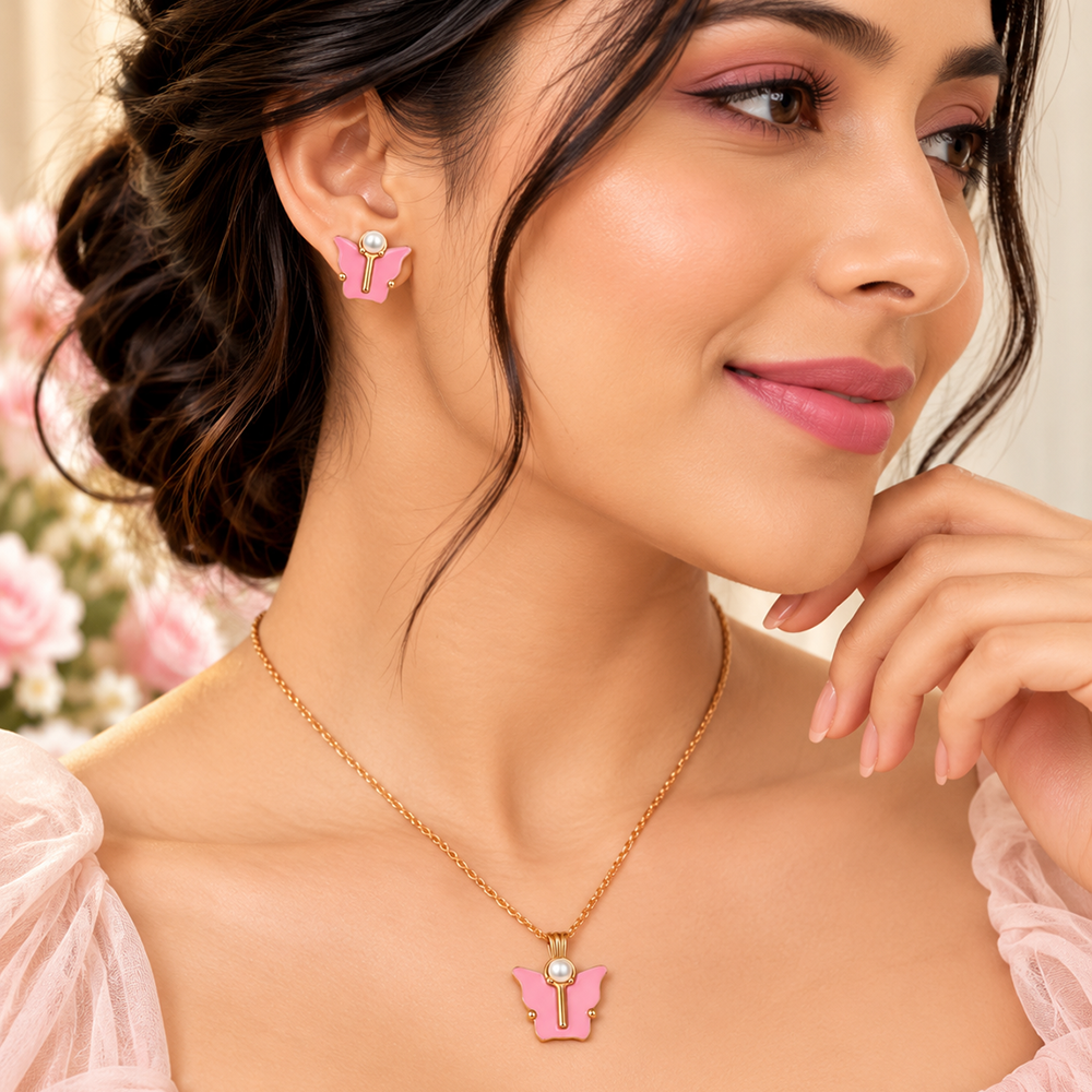 The99Jewel Cute Rose Gold Plated Butterfly Chain Pendant and Earrings Set for Girls & Women