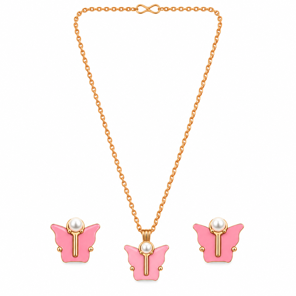 The99Jewel Cute Rose Gold Plated Butterfly Chain Pendant and Earrings Set for Girls & Women