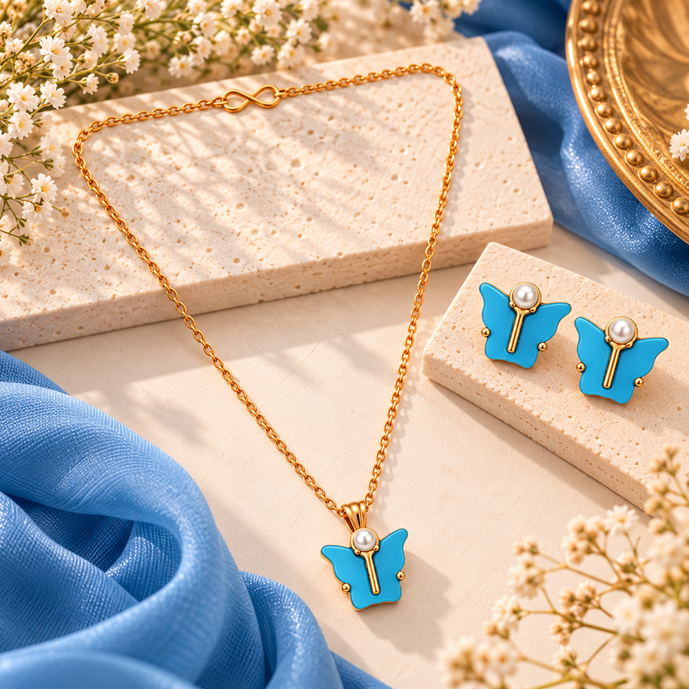 The99Jewel Cute Rose Gold Plated Butterfly Chain Pendant and Earrings Set for Girls & Women