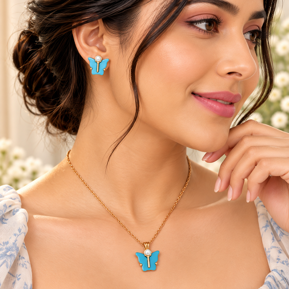 The99Jewel Cute Rose Gold Plated Butterfly Chain Pendant and Earrings Set for Girls & Women