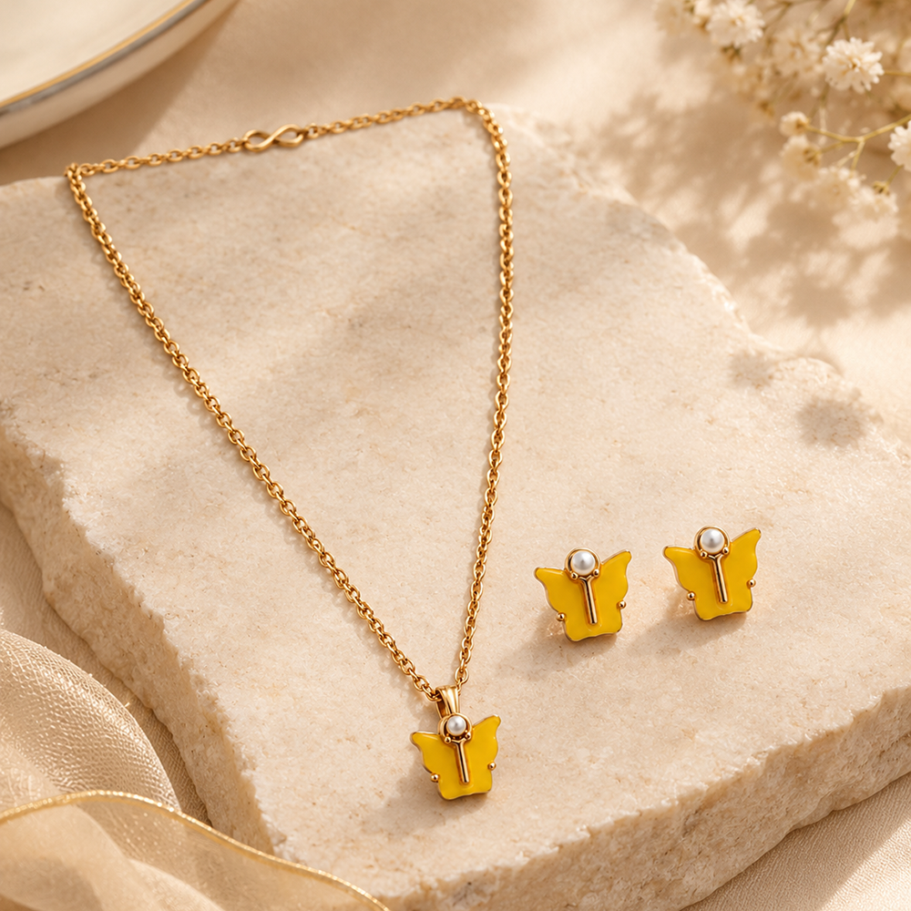 The99Jewel Cute Rose Gold Plated Butterfly Chain Pendant and Earrings Set for Girls & Women