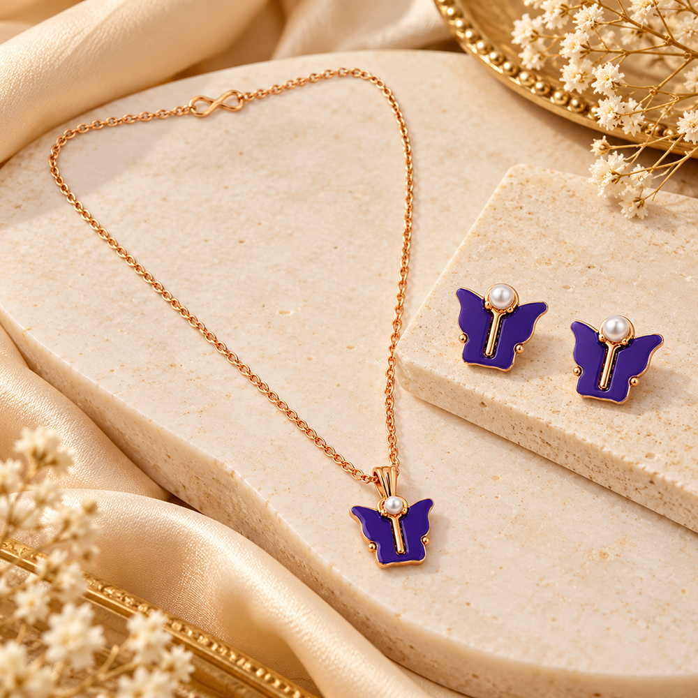 The99Jewel Cute Rose Gold Plated Butterfly Chain Pendant and Earrings Set for Girls & Women