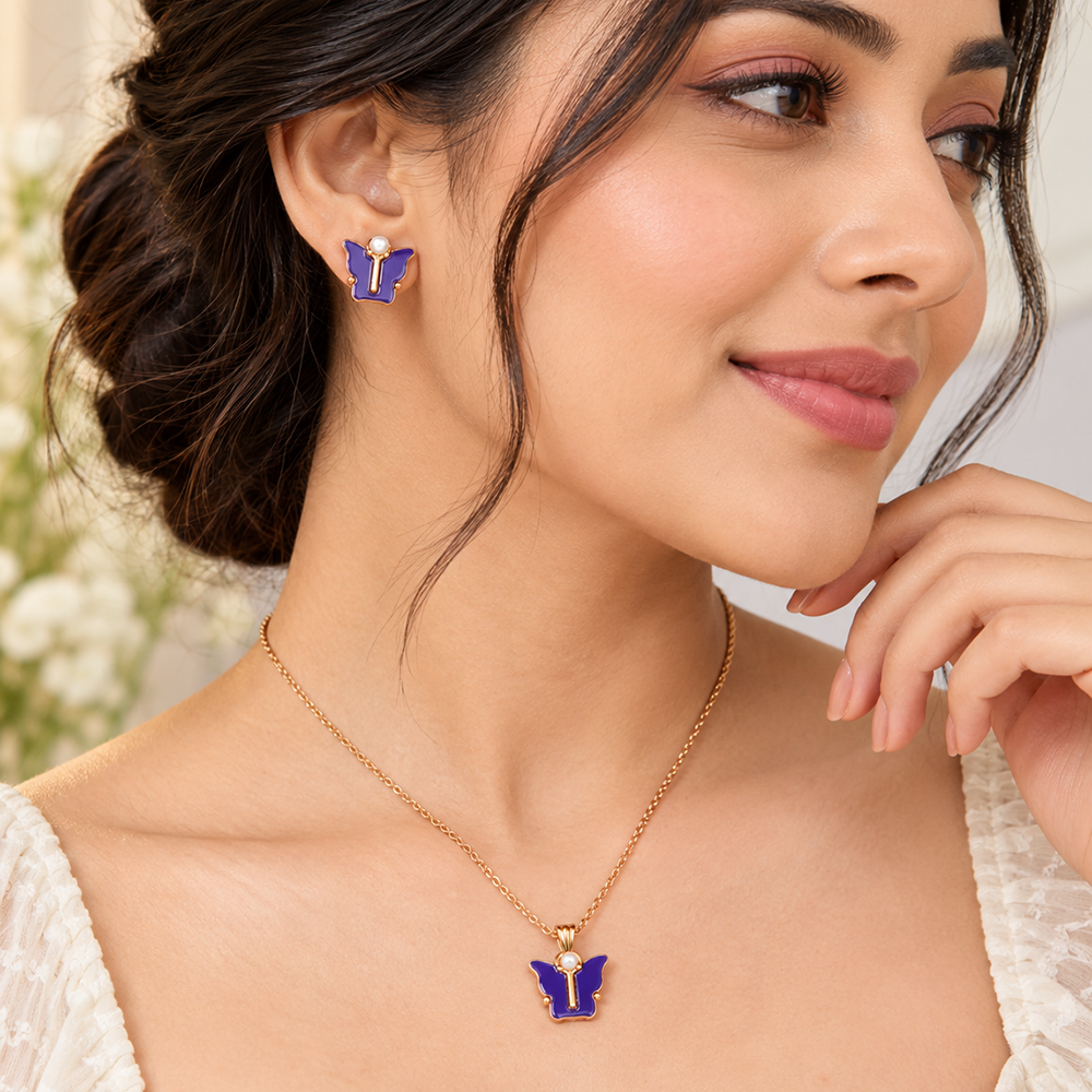 The99Jewel Cute Rose Gold Plated Butterfly Chain Pendant and Earrings Set for Girls & Women