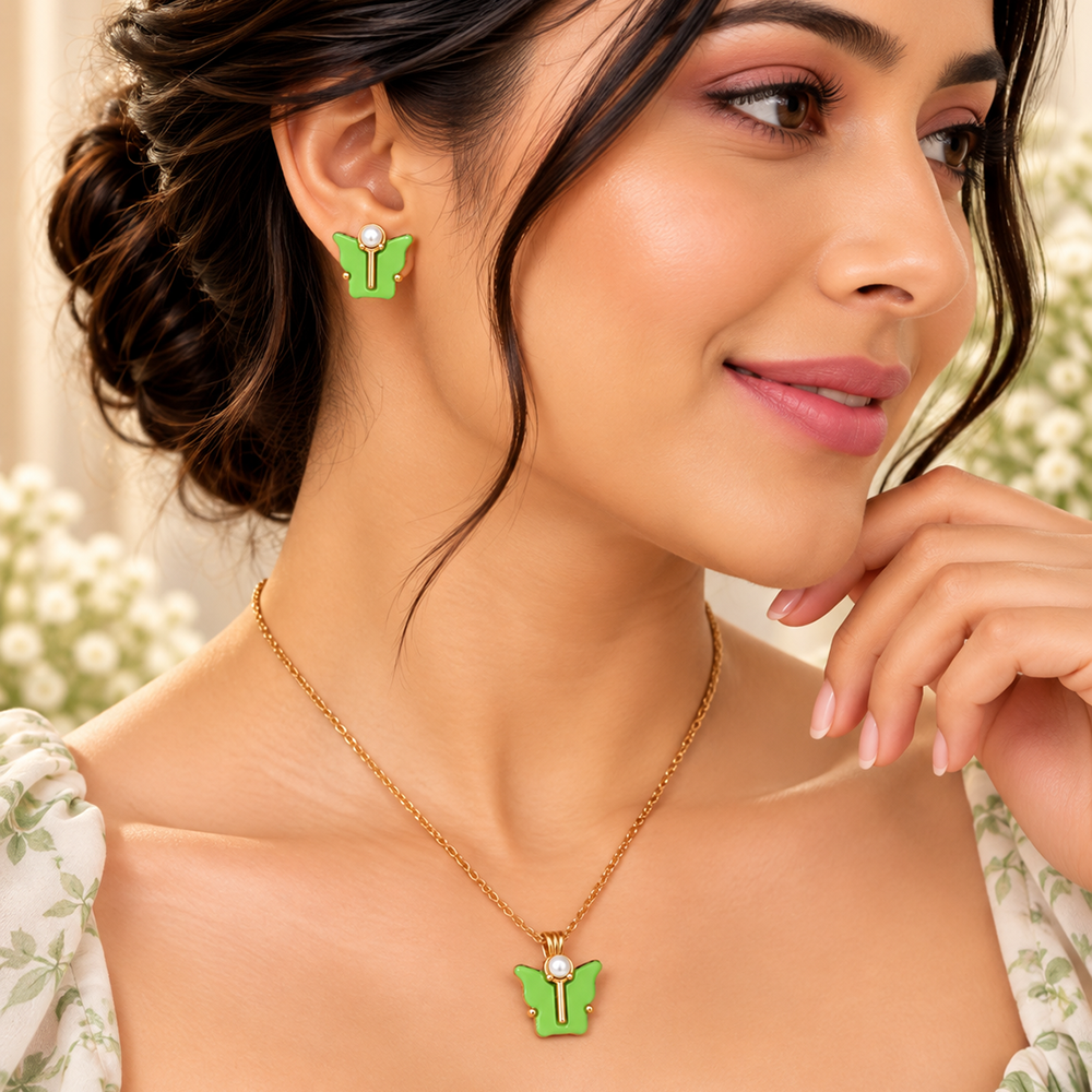 The99Jewel Cute Rose Gold Plated Butterfly Chain Pendant and Earrings Set for Girls & Women