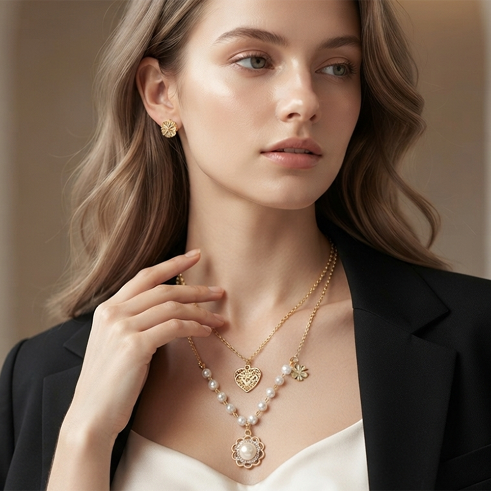 The99Jewel Double Layer Pearl Necklace Set With Floral And Heart Shape Pendant for Women