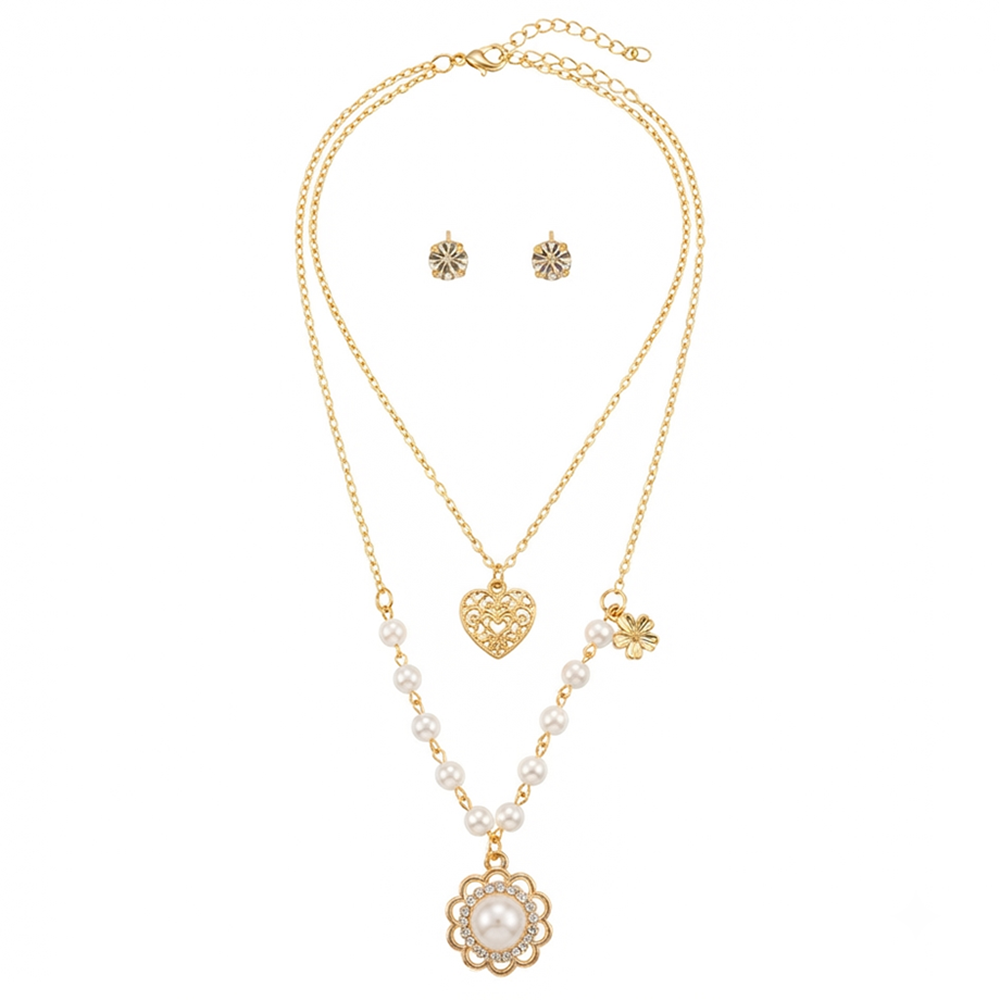 The99Jewel Double Layer Pearl Necklace Set With Floral And Heart Shape Pendant for Women