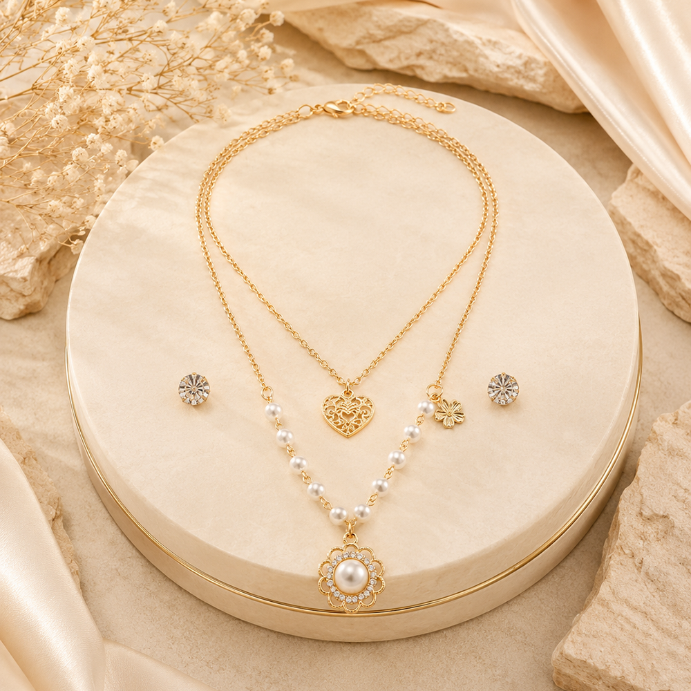 The99Jewel Double Layer Pearl Necklace Set With Floral And Heart Shape Pendant for Women