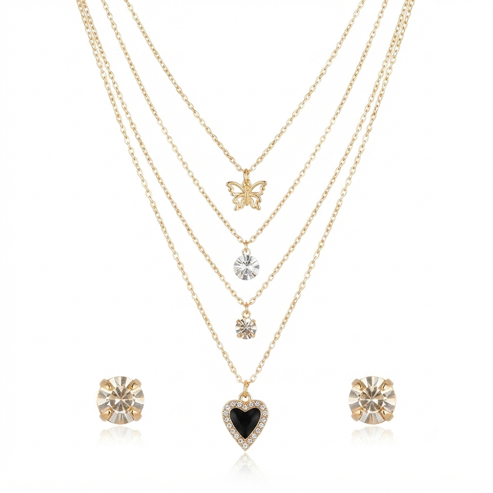 The99Jewel Double Layer Crystal Necklace Set With Butterfly And Heart Shape Pendant for Women
