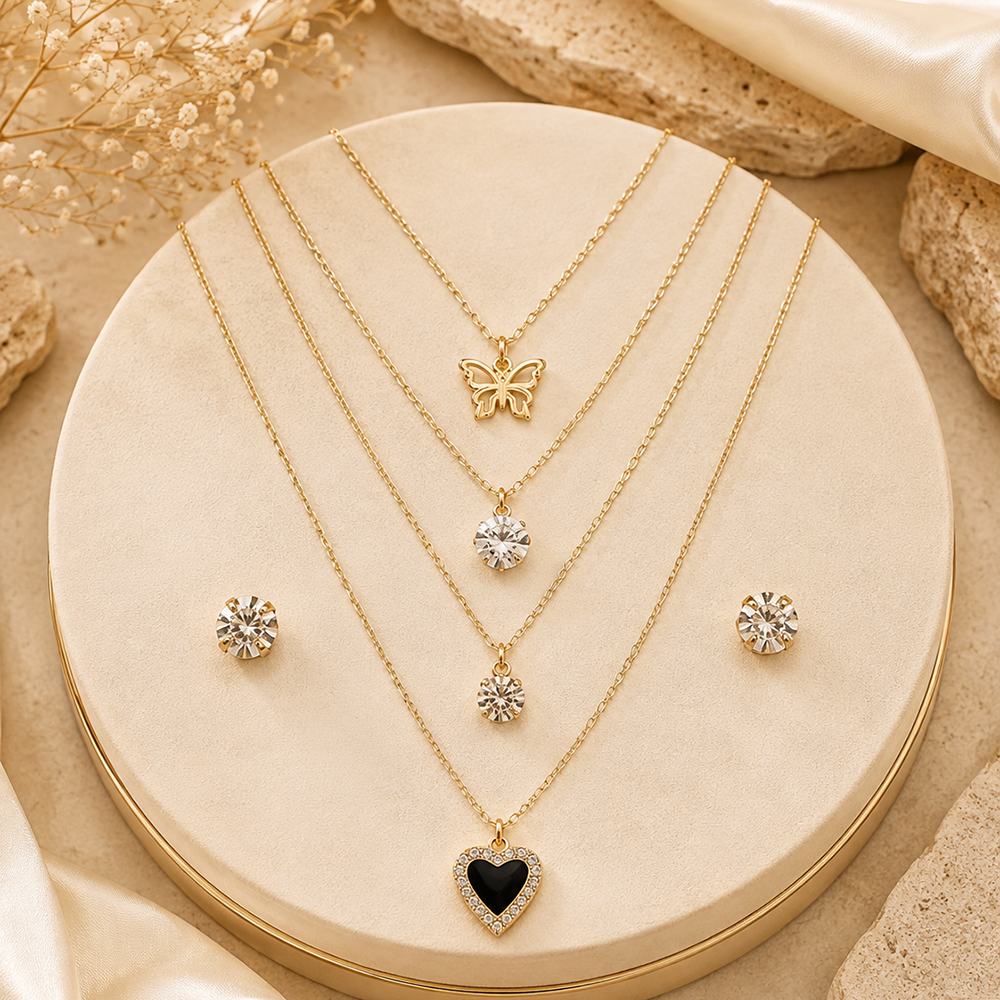 The99Jewel Double Layer Crystal Necklace Set With Butterfly And Heart Shape Pendant for Women