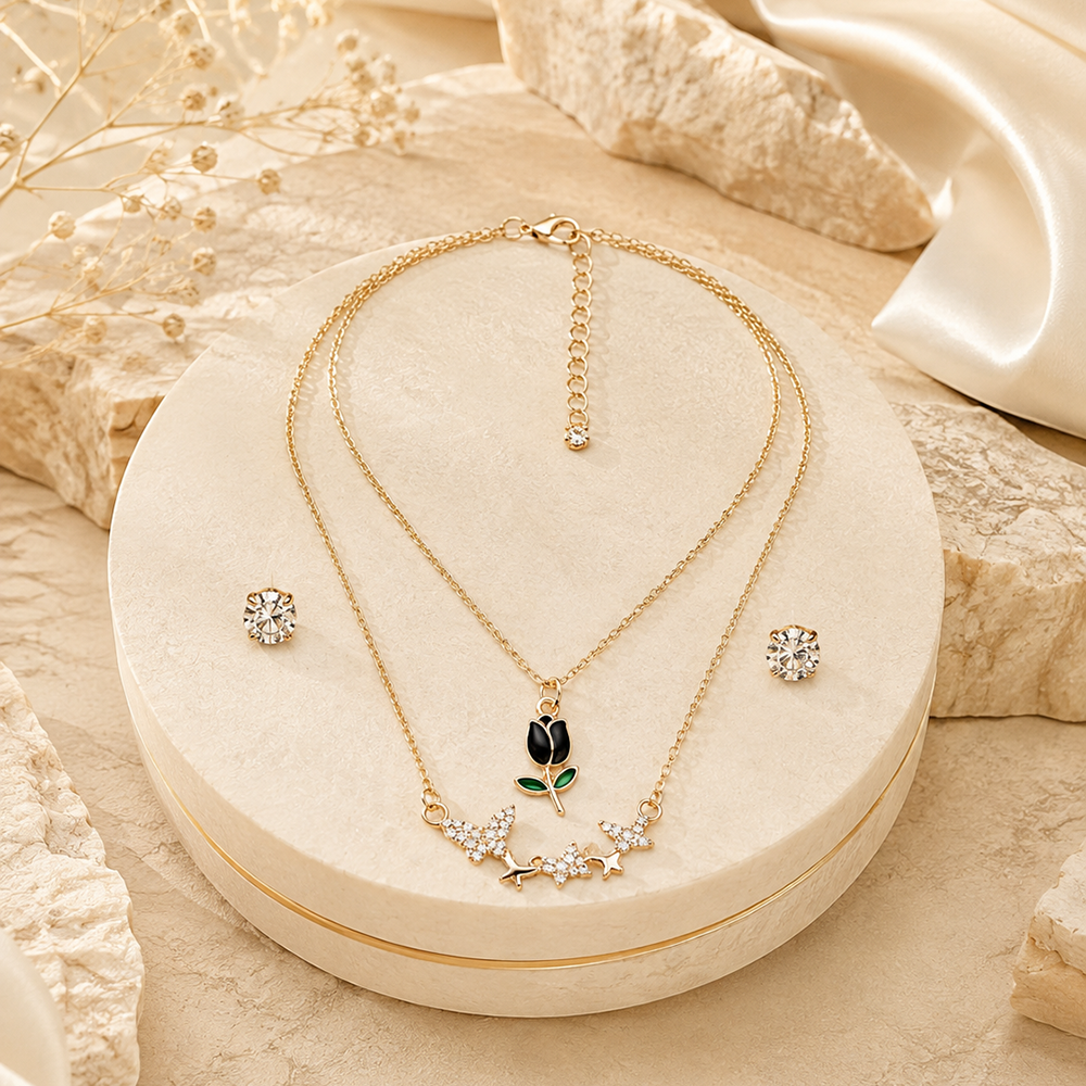 The99Jewel Double LayerNecklace Set With Tulip And Butterfly Shape Pendant for Women