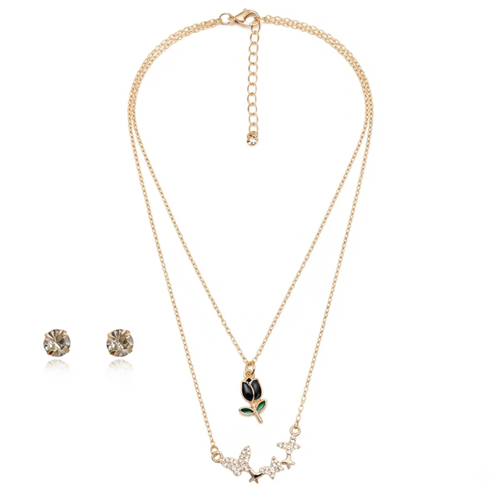 The99Jewel Double LayerNecklace Set With Tulip And Butterfly Shape Pendant for Women