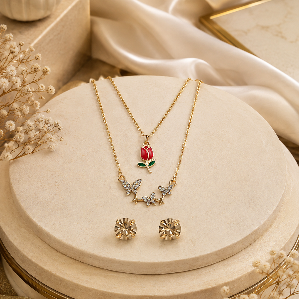 The99Jewel Double LayerNecklace Set With Tulip And Butterfly Shape Pendant for Women