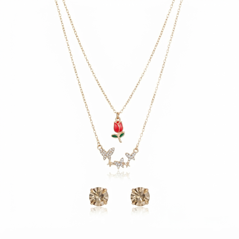 The99Jewel Double LayerNecklace Set With Tulip And Butterfly Shape Pendant for Women