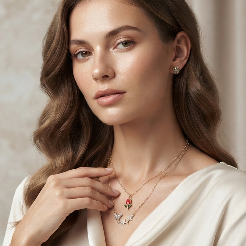 The99Jewel Double LayerNecklace Set With Tulip And Butterfly Shape Pendant for Women