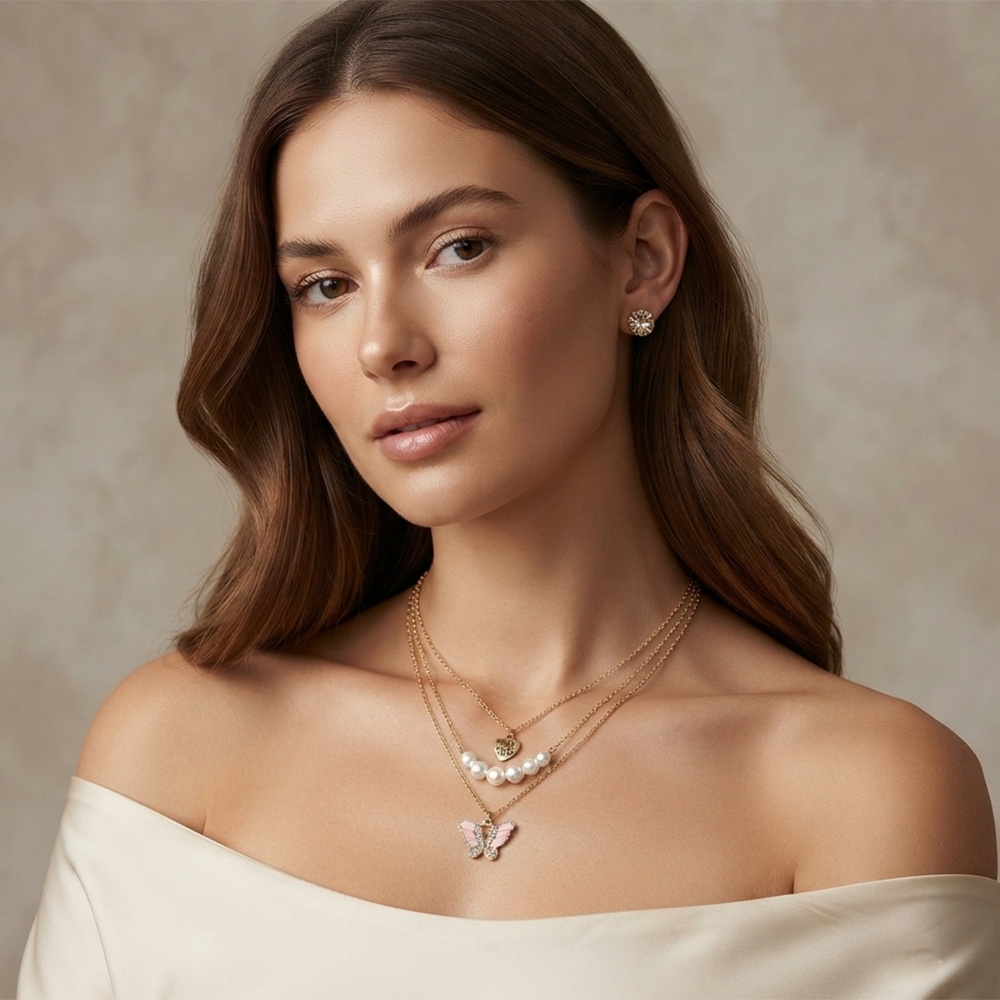 The99Jewel Double Layer Crystal Necklace Set With Butterfly And Heart Shape Pendant for Women