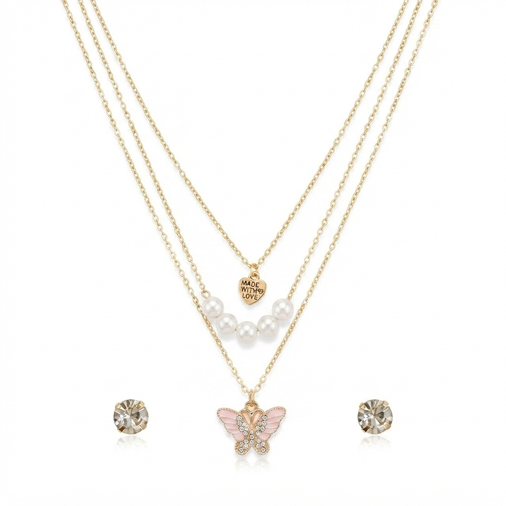 The99Jewel Double Layer Crystal Necklace Set With Butterfly And Heart Shape Pendant for Women