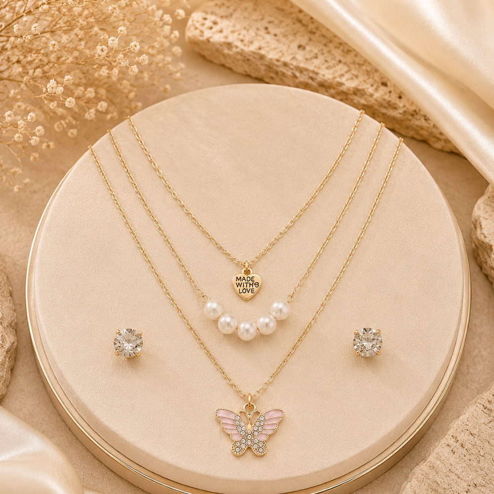 The99Jewel Double Layer Crystal Necklace Set With Butterfly And Heart Shape Pendant for Women