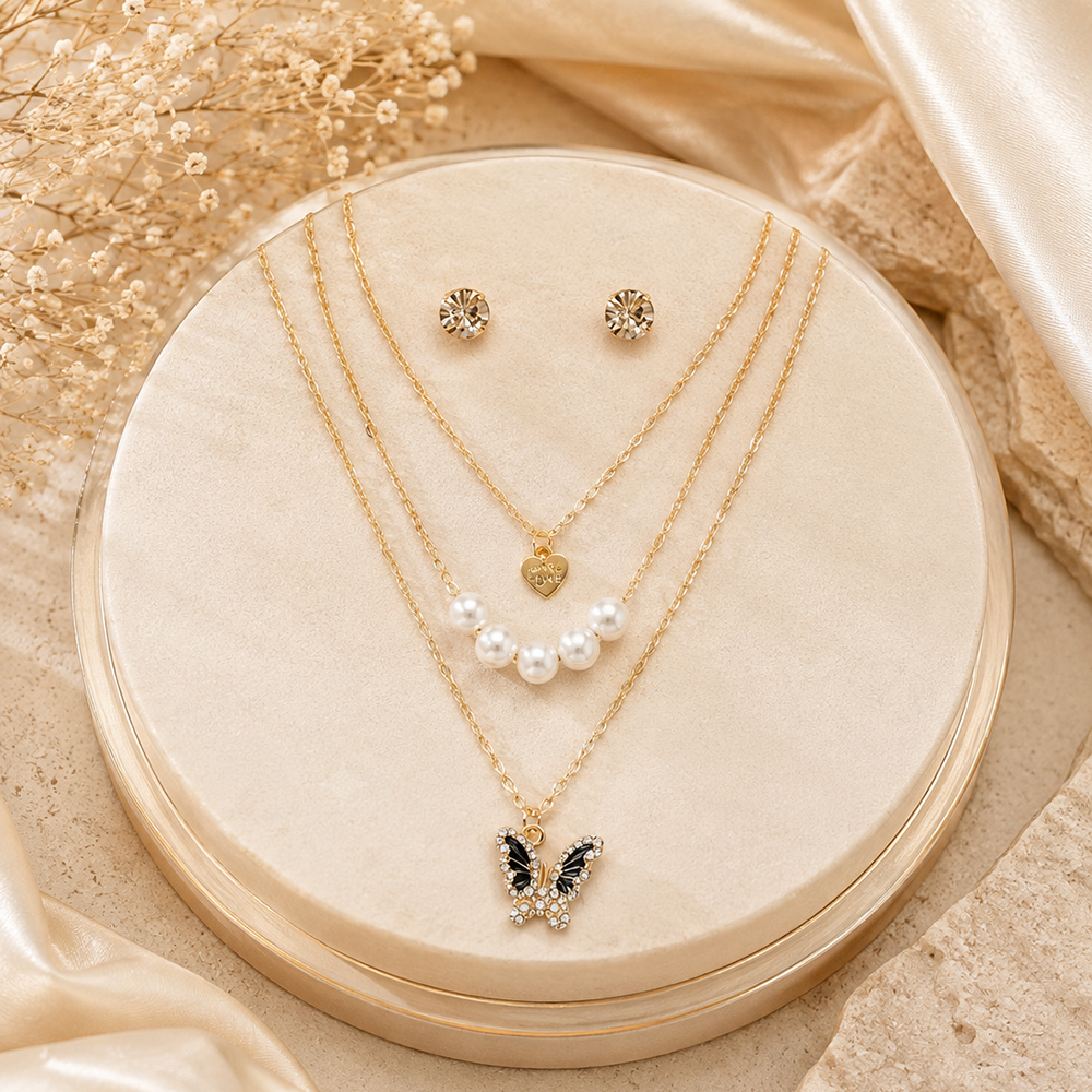 The99Jewel Double Layer Crystal Necklace Set With Butterfly And Heart Shape Pendant for Women