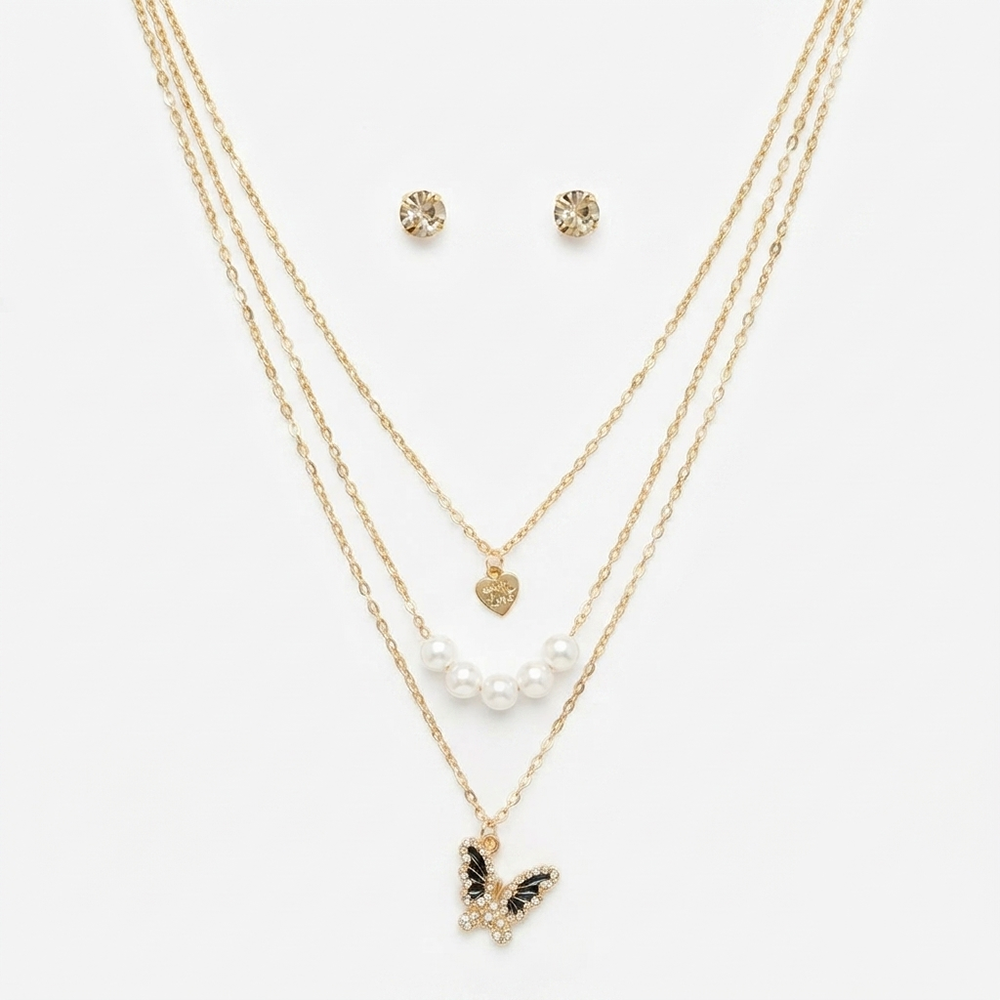 The99Jewel Double Layer Crystal Necklace Set With Butterfly And Heart Shape Pendant for Women