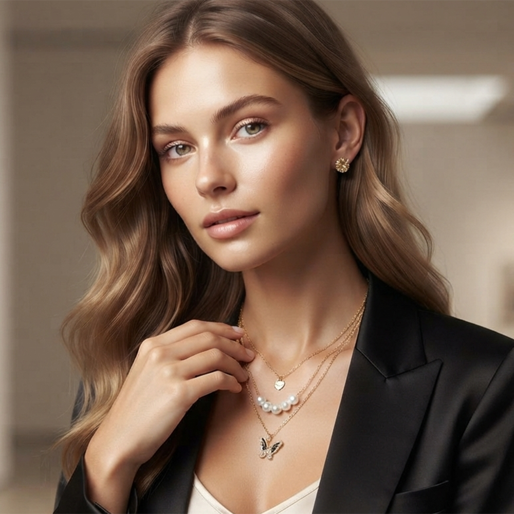 The99Jewel Double Layer Crystal Necklace Set With Butterfly And Heart Shape Pendant for Women