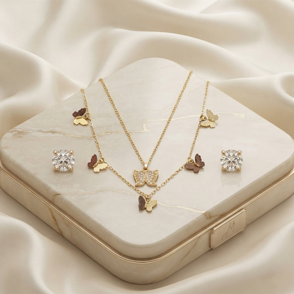 The99Jewel Double Layer Necklace Set With Butterfly Shape Pendant and Charms for Women