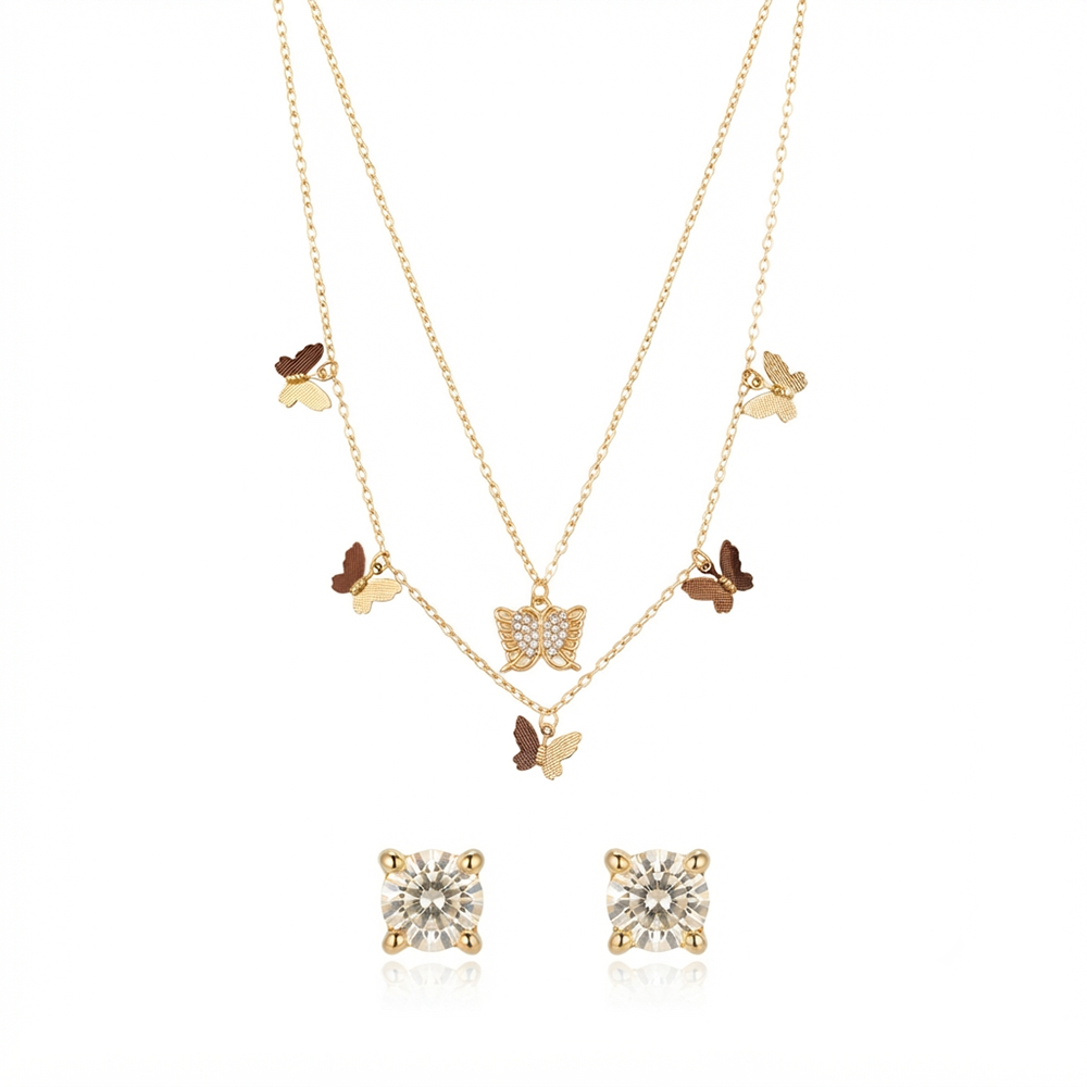 The99Jewel Double Layer Necklace Set With Butterfly Shape Pendant and Charms for Women