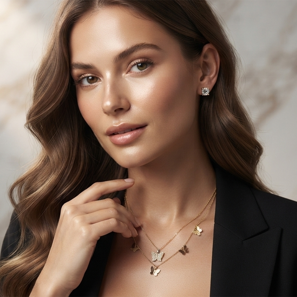 The99Jewel Double Layer Necklace Set With Butterfly Shape Pendant and Charms for Women