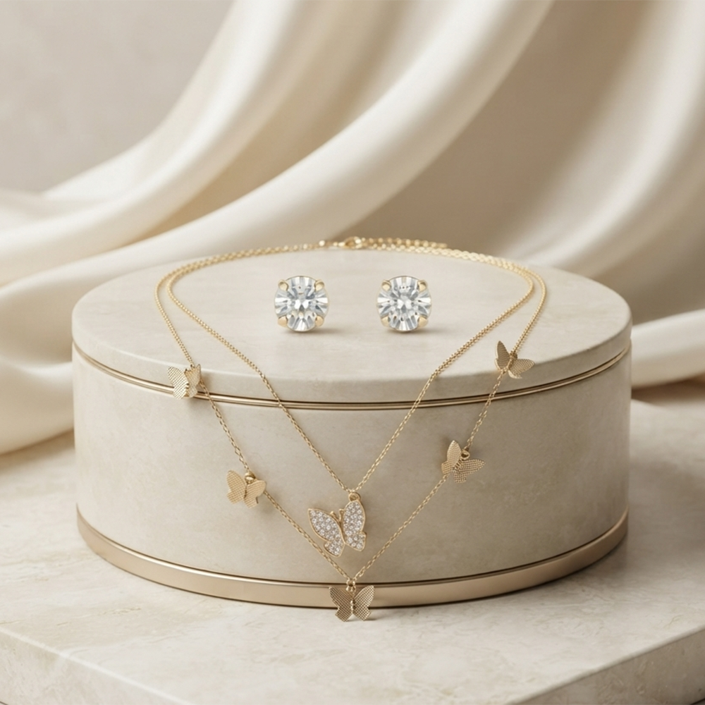 The99Jewel Double Layer Necklace Set With Butterfly Shape Pendant and Charms for Women