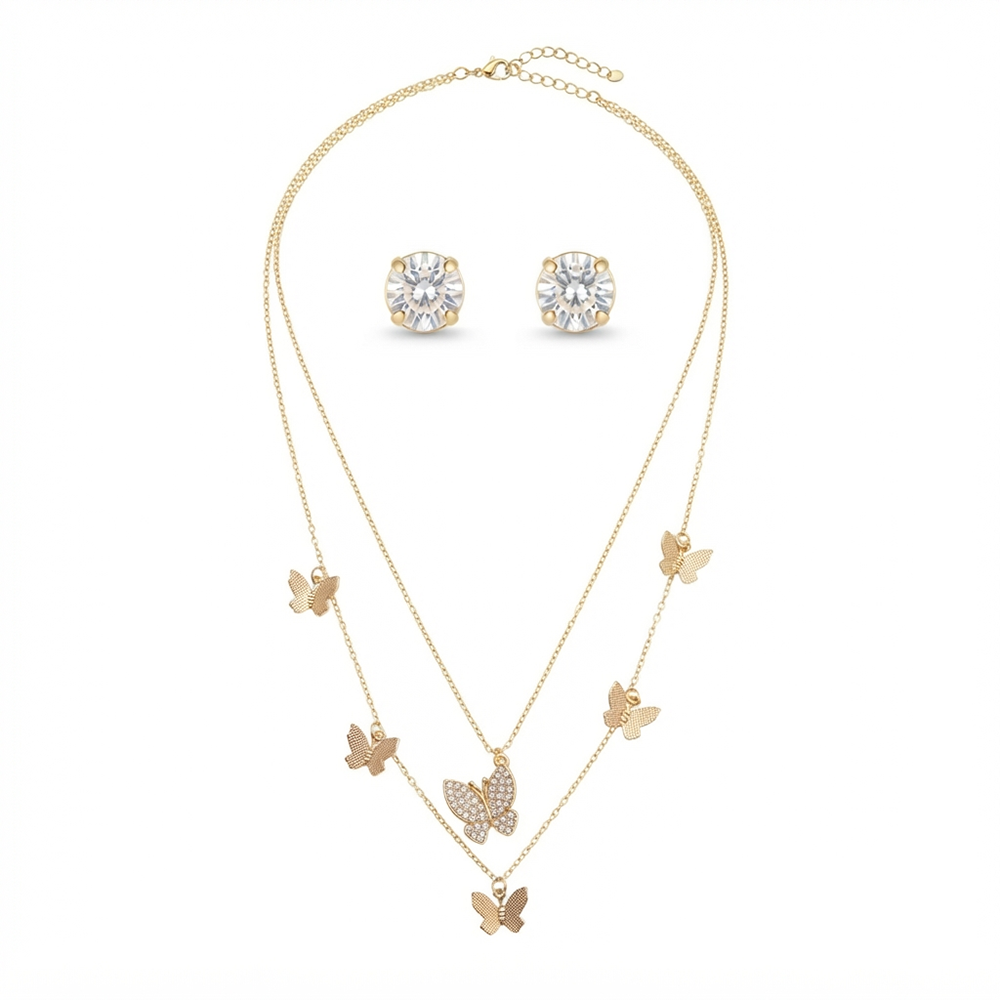 The99Jewel Double Layer Necklace Set With Butterfly Shape Pendant and Charms for Women