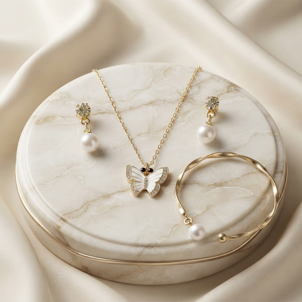 The99Jewel Necklace Set With Butterfly Shape Pendant and Gold Plated Bracelet Combo for Women