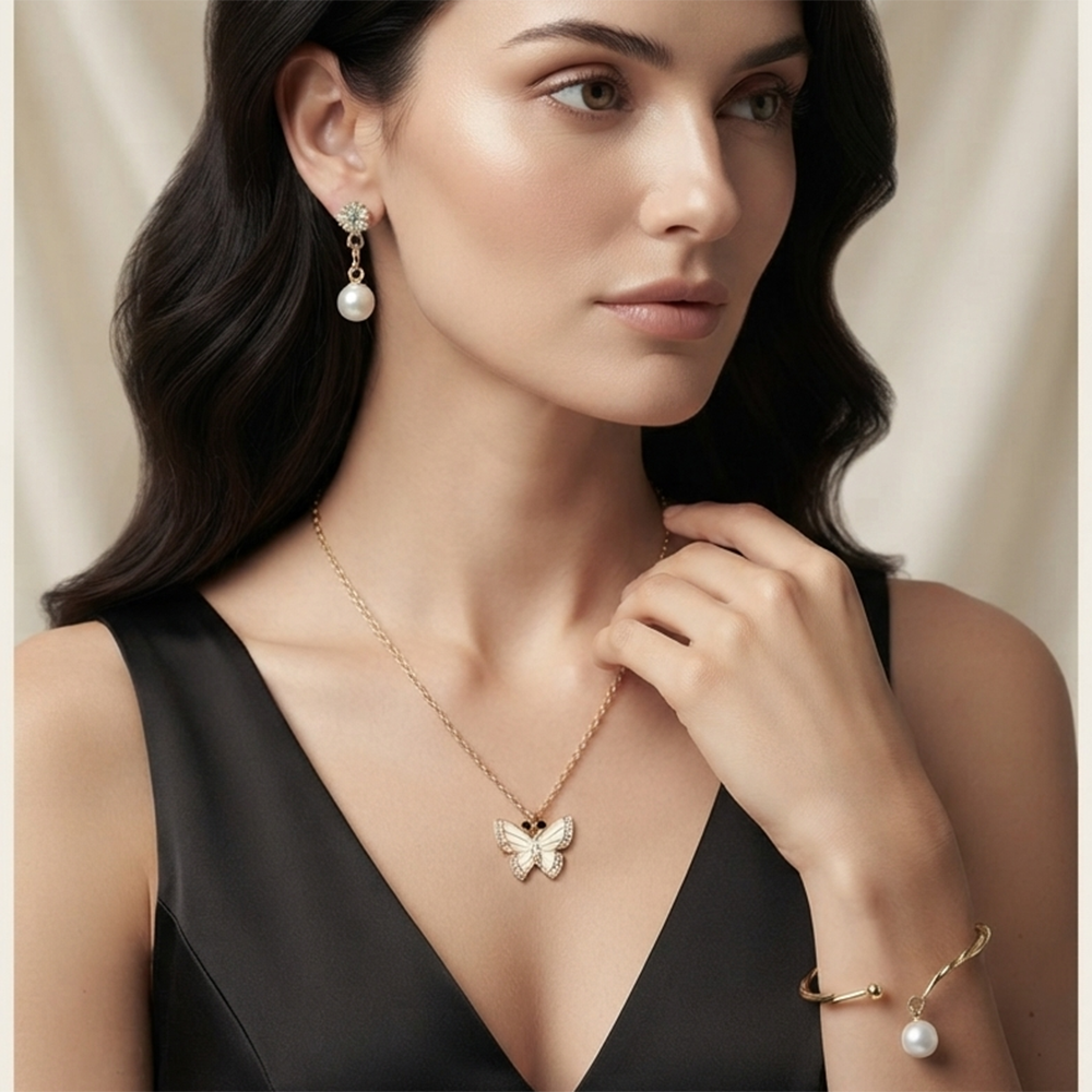The99Jewel Necklace Set With Butterfly Shape Pendant and Gold Plated Bracelet Combo for Women