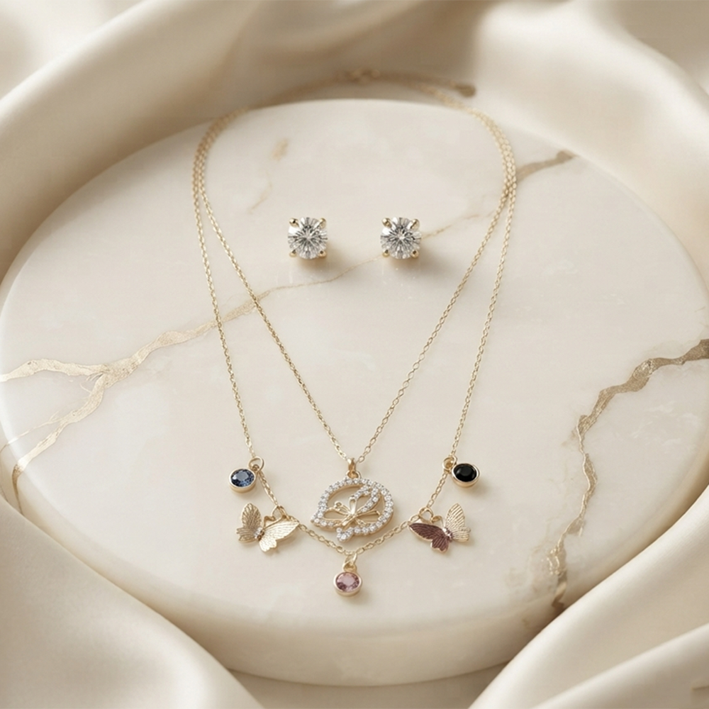 The99Jewel Double Layer Necklace Set With Butterfly Shape Pendant and Charms for Women