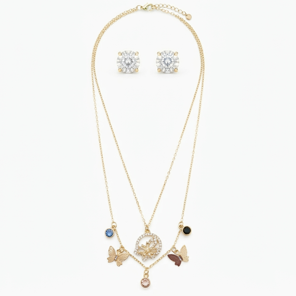 The99Jewel Double Layer Necklace Set With Butterfly Shape Pendant and Charms for Women