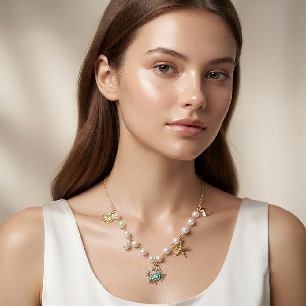 The99Jewel Ocean Charm Western Pearl Necklace Set With Star And Crab Shape Pendant for Women