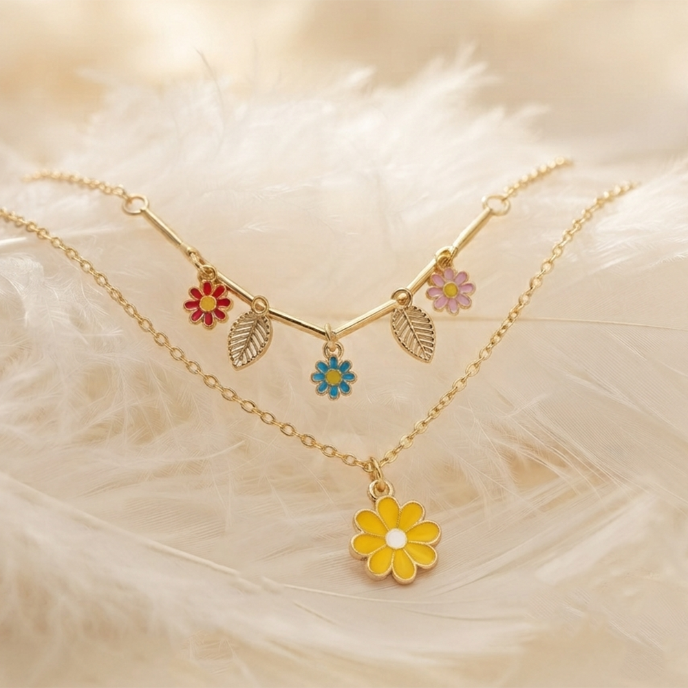 The99Jewel Double Layer Necklace Set With Floral Shape Charms  for Women