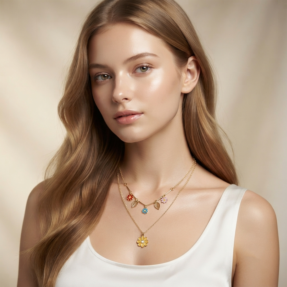 The99Jewel Double Layer Necklace Set With Floral Shape Charms  for Women