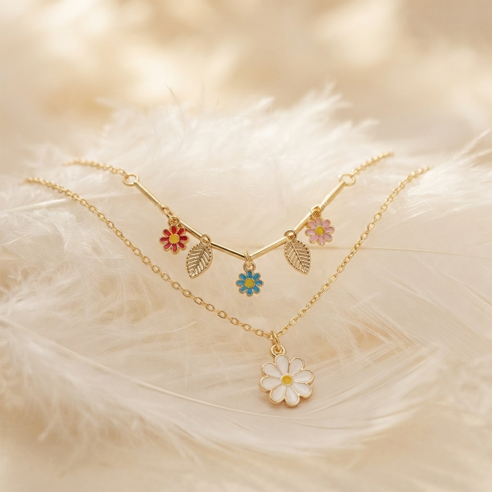 The99Jewel Double Layer Necklace Set With Floral Shape Charms  for Women