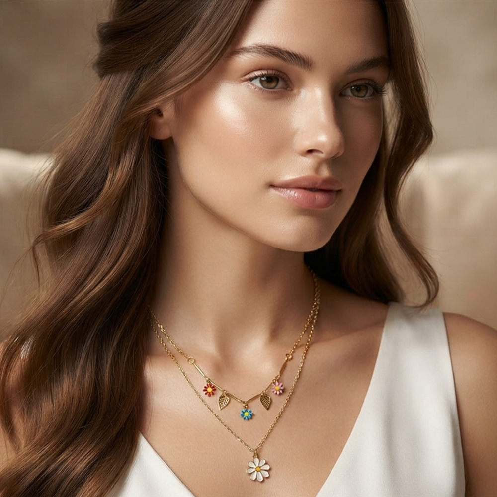 The99Jewel Double Layer Necklace Set With Floral Shape Charms  for Women