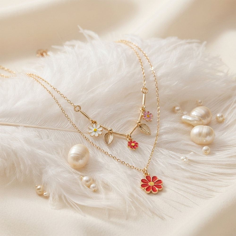 The99Jewel Double Layer Necklace Set With Floral Shape Charms  for Women
