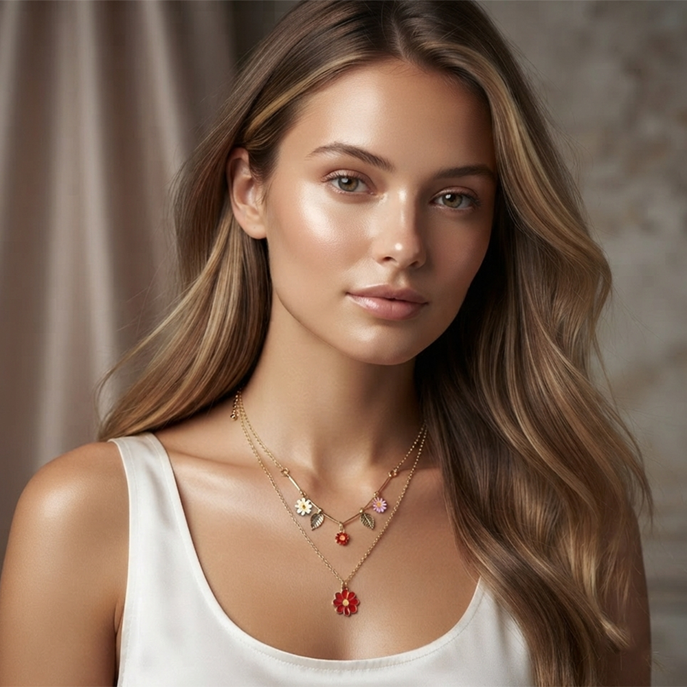 The99Jewel Double Layer Necklace Set With Floral Shape Charms  for Women