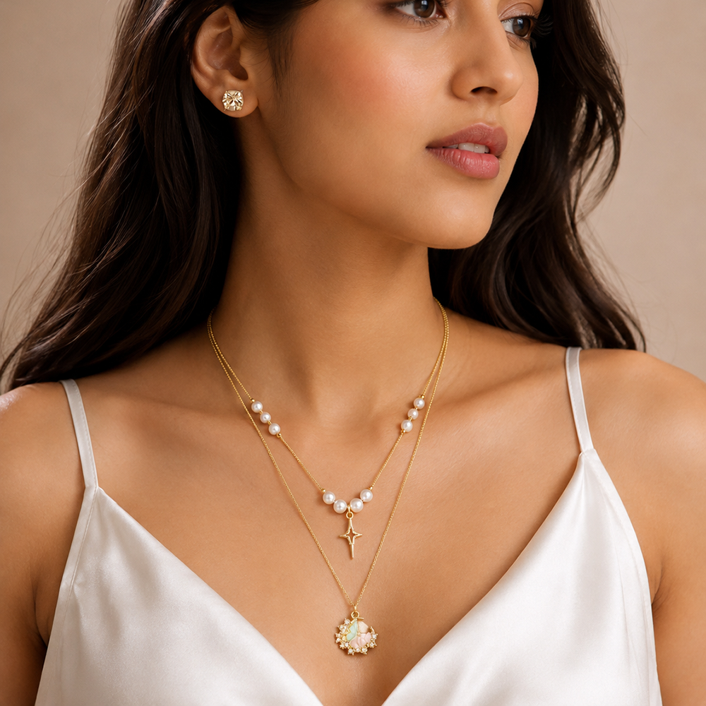 The99Jewel Double Layer Pearl Necklace Set With Butterfly  Shape Pendant  for Women